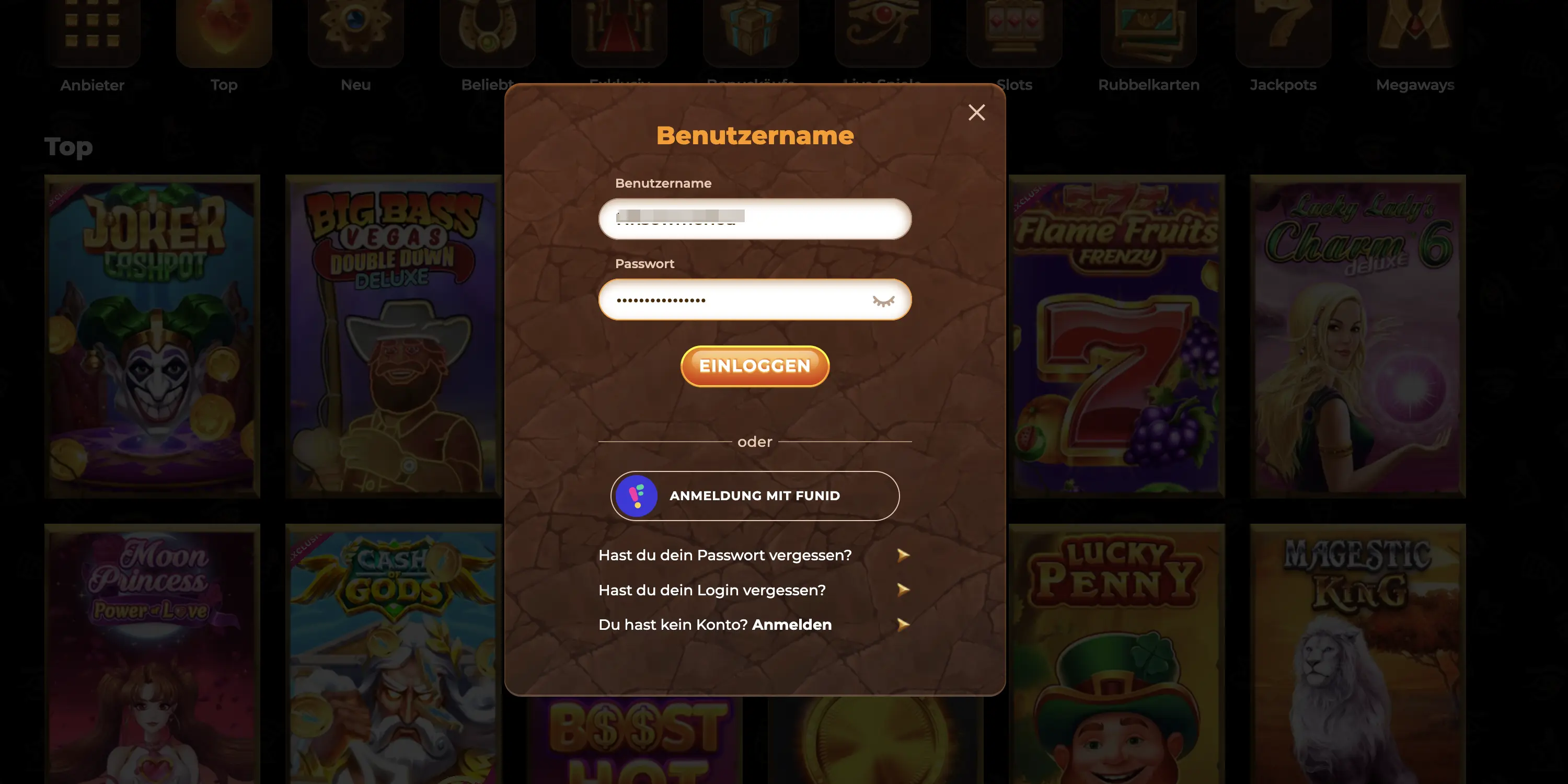 AmunRa casino login-bereich mit eingabefeldern für benutzername und passwort.